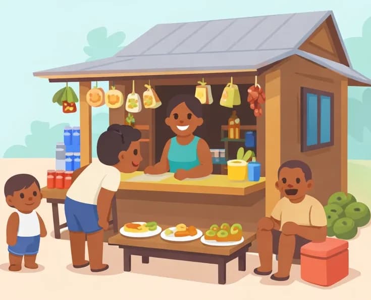 On the right side of the image, a woman stands smiling behind the counter of a small roadside shop attached to her home, interacting with a customer who leans in closely to see her goods. A child sits on the shop's front porch near plates of freshly cooked food on a low table, while another child stands nearby eyeing the food. An older man sits on the ground to the far right beside a pile of green produce. The shop has various items displayed on tables out front and goods hanging from the awning, set outdoors on a clear day with trees faintly visible in the background. The left side of the image is open sky and bare ground, left clear for text.