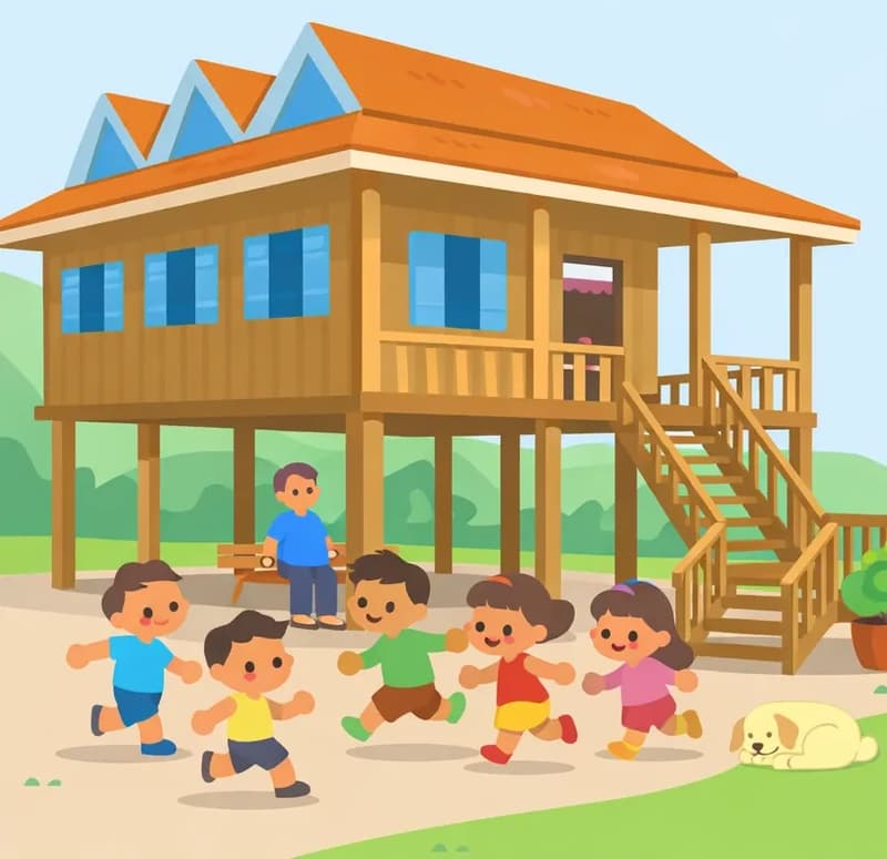 On the left side of the image, a large raised communal home with a wraparound porch and front staircase sits on an open lot with rolling green hills in the background. Beneath and around the elevated house, several children are racing and playing together with happy, lively expressions and cheerful laughter, while two adults stand nearby — one sitting on a bench and another standing, watching over the kids closely. A small pet curls up sleeping calmly on the ground in the lower center, and a green bush with a planter sits beside the front steps. The right ~40% of the image is open sky and plain background.