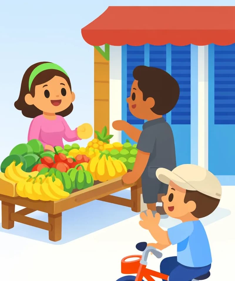 On the right side of the image, a woman stands proudly smiling behind a wooden fruit stand loaded with bananas, watermelons, pineapples, and other fresh produce stacked brightly in the sun, set up outside a storefront with a red awning and blue-shuttered windows. A man stands facing her across the stand, reaching for some fruit. In the lower right corner, a young boy on a bicycle looks up toward the stand, one hand raised in a wave as he rides by. The left side of the image is open background, left clear for text.