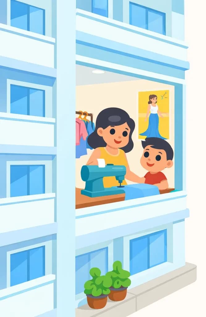 On the left side of the image, a tall apartment building is shown at an angle, with multiple floors of stacked units visible. In an upper-floor apartment, seen through a large window, a woman sits at a sewing machine while a child stands closely beside her, both looking engaged. Clothes hang on a rack behind them, and a fashion poster brightens the wall inside the room. Potted plants sit on a lower ledge near the ground floor. The right ~40% of the image is plain white/light background, left clear for text.