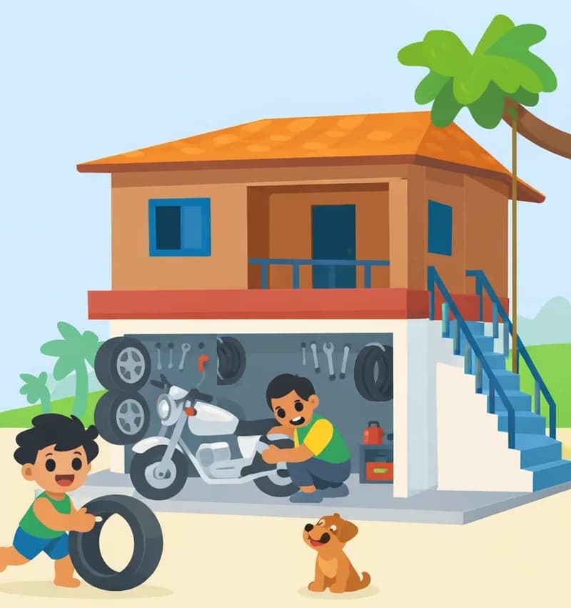 On the right side of the image, a two-story house is shown with an open garage built right underneath. Inside the garage, a man crouches beside a large motorcycle, carefully fixing it with tools hung neatly on the walls. In front of the garage, a young child cheerfully rolls a tire along the ground with a happy expression, while a small dog sits nearby watching. The scene is set outdoors on a clear, bright day in a quiet neighborhood setting. The left side of the image is open background, left clear for text.