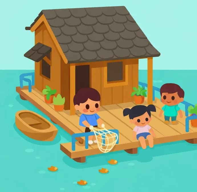 On the left side of the image, a wooden houseboat with a shingled roof and a front porch floats on calm turquoise-green water. Three children are on the wooden deck — one stands near the railing at the front holding a fishing net over the railing, another sits calmly at the edge of the porch, and a third stands near potted plants at the far side of the deck, all appearing content and relaxed. A small rowboat bobs alongside the houseboat, ready if they need supplies from shore. The scene is outdoors in bright daylight with open peaceful water stretching across the right side of the image. Small fish are visible near the surface of the water.