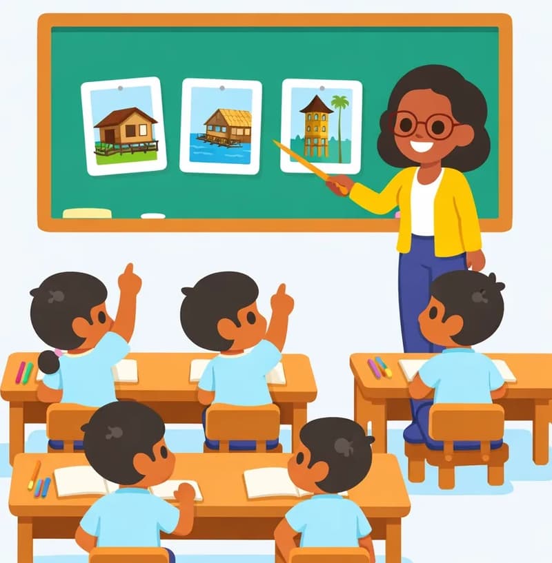 On the right side of the image, a teacher stands smiling in front of a chalkboard, holding a pointer toward three pinned photographs showing different styles of homes from around the world. She faces a group of young students seated at wooden desks in a bright classroom; several children are eagerly raising their hands, ready to share what they have learned, while others look attentively toward the board. The left side of the image is plain light background, leaving space for text.