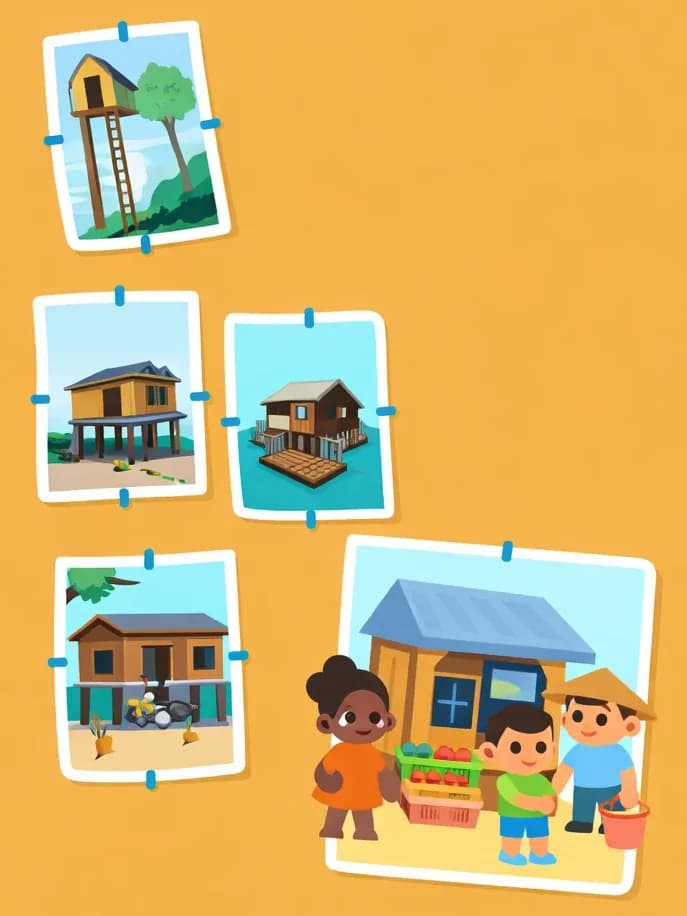 On the left side of the image, five pinned photograph-style illustrations are arranged against a warm golden-yellow background, showing different types of homes: a tall house perched high on stilts (top), a raised wooden communal home and a houseboat floating on water (middle row), and a rustic cabin with a porch and a small storefront with a fruit stand (bottom row). The photos are slightly tilted and held with small clips, giving the feel of snapshots pinned to a bulletin board. The right ~40% of the image is plain golden-yellow background with no detail.