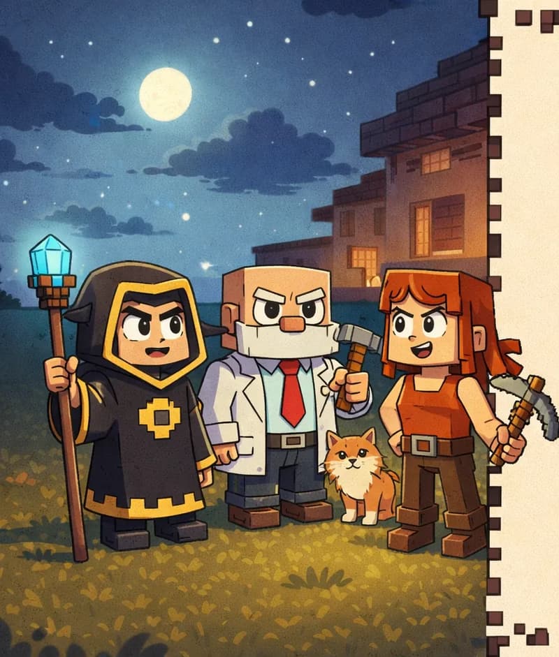 On the left side of the image, four figures stand together on a grassy area at nighttime under a moonlit sky with stars and clouds. On the far left, The Mage stands in his dark charcoal-black hooded robe with gold/yellow trim and a gold diamond-shaped emblem on the chest, holding his tall wooden staff topped with a glowing light-blue crystal gem; his face is lit up with excitement. In the center-left, Dr. Can Do stands in his white lab coat over a white dress shirt with a red necktie, dark navy-blue pants, and dark brown shoes, with his white bushy eyebrows and thick white mustache visible, holding his small gray hammer. A small cat sits calmly on the ground between them. To the center-right, Jill stands with her shoulder-length auburn/copper-orange hair and side-swept fringe, wearing her bright orange sleeveless top with a brown belt, dark brown pants, and brown boots, holding her gray-and-brown pickaxe. The four are in conversation, standing casually and facing each other in a loose group. A large brick-and-wood village structure is visible in the background behind them. The right ~40% of the image is a plain parchment-colored text area with a decorative pixelated border.