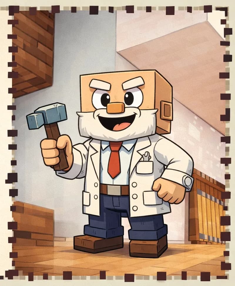 On the right side of the image, Dr. Can Do stands facing the viewer with an excited expression, positioned inside an indoor room with wooden plank walls and a light gray ceiling. He has a cube-shaped head with light beige skin, white bushy eyebrows, a thick white mustache, and small dark eyes bright with enthusiasm. He wears a white lab coat over a white dress shirt with a red necktie, a dark brown belt, dark navy-blue pants, and dark brown shoes, and holds his small gray hammer in his right hand. The left side of the image is a plain beige/tan area left clear for text overlay, framed by a pixelated brown-and-tan decorative border.