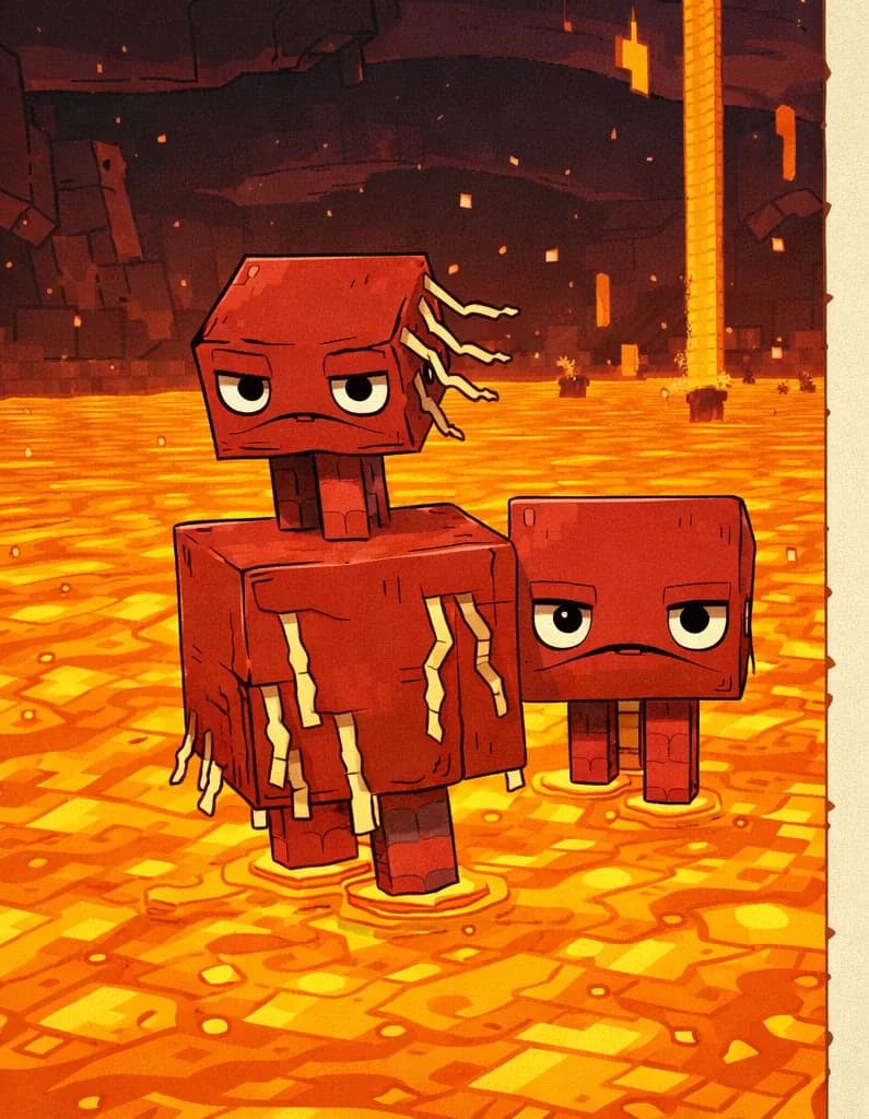 On the left side of the image, two Minecraft Striders stand in a vast lake of glowing orange-yellow lava in the Nether. The larger Strider is on the left with a smaller one beside it; both face toward the viewer with their characteristic flat, wide faces. The Nether environment stretches behind them with dark crimson and blackstone formations, lava falls, and floating embers against a dark cavernous sky. The right ~40% of the image is a plain beige panel reserved for text.