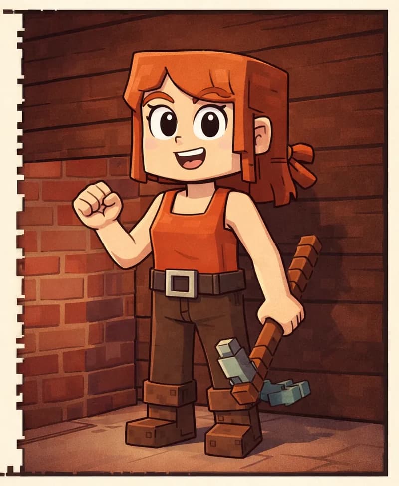 On the right side of the image, Jill stands facing the viewer with a warm smile and her right hand raised in an encouraging gesture, appearing confident and supportive. She has shoulder-length auburn/copper-orange hair with a side-swept fringe, large round dark eyes, and light/fair skin. She wears her bright orange sleeveless top with a brown belt at the waist, dark brown pants, and brown boots, and her gray-and-brown pickaxe rests at her side. The scene is set indoors with dark wooden plank walls and a brick wall visible behind her, suggesting a cozy cabin or workshop interior. The left side of the image is a plain beige/tan area reserved for text.