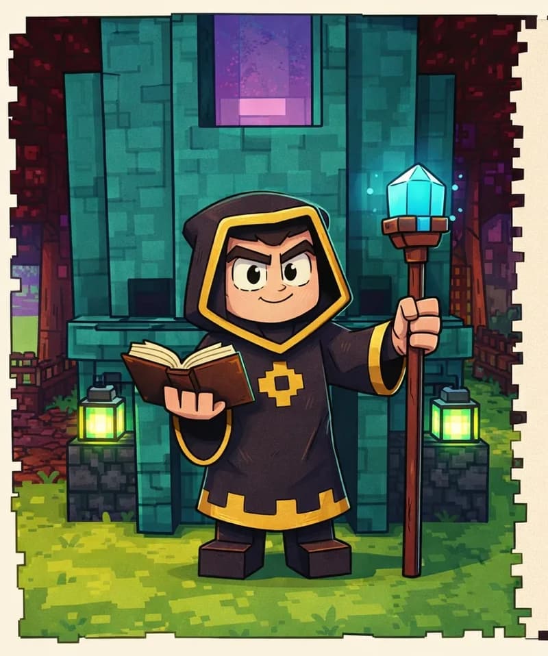 On the left side of the image, The Mage stands facing forward in front of a large teal/dark cyan stone tower, looking content with a nice smile spread across his face. He wears his dark charcoal-black hooded robe with gold/yellow trim along the edges and a gold diamond-shaped emblem on the chest, along with dark boots. He has light/warm beige skin, narrow angular dark eyes, and dark hair mostly hidden under the hood. He holds his open brown book in one hand and his tall wooden staff topped with a glowing light-blue crystal gem in the other. The tower has glowing green lanterns on either side of its entrance and a purple-glowing portal or window near the top. The scene is set outdoors on green grass, with dark red nether-like trees visible in the background, suggesting a fantasy environment at dusk. The right ~40% of the image is a plain parchment-colored area reserved for text overlay.