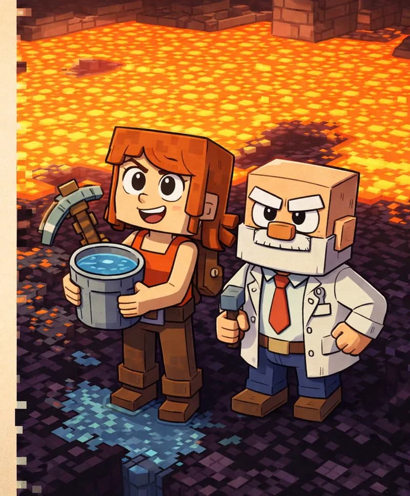 On the right side of the image, Jill and Dr. Can Do stand together on dark obsidian ground, viewed from a slightly elevated angle. Jill holds a water bucket with a grin, looking up proudly; she has shoulder-length auburn/copper-orange hair with a side-swept fringe, and wears her bright orange sleeveless top with a brown belt, dark brown pants, and brown boots, with her gray-and-brown pickaxe strapped to her back. Beside her, Dr. Can Do stands facing forward and nods approvingly; he has white bushy eyebrows and a thick white mustache, and wears his white lab coat over a white dress shirt with a red necktie, dark navy-blue pants, and dark brown shoes, holding his small gray hammer. Behind them, a large pool of bright orange-yellow lava glows intensely, with patches of dark obsidian forming where water has been poured onto the lava. The left side of the image is a plain beige/parchment background left clear for text. The scene has a warm, fiery glow from the lava illuminating the underground cavern setting.