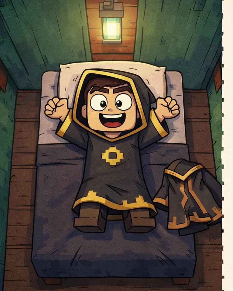 On the left side of the image, The Mage lies awake in bed at nighttime, viewed from above in a top-down perspective. He is lying on his back with arms spread out to the sides, eyes open wide with a big grin on his face, too excited to sleep. He has light/warm beige skin, narrow angular dark eyes, and dark hair visible against the pillow, with his dark charcoal-black hooded robe with gold/yellow trim folded nearby. The indoor bedroom scene has dark wooden plank flooring and green walls, dimly lit by a single glowing green lantern mounted on the wall above the bed. The right side of the image is a plain beige/parchment-colored area reserved for text.