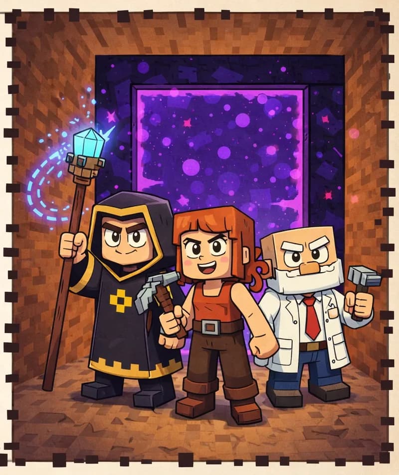 On the right side of the image, three Minecraft-style characters stand together in a cave, positioned in front of a large activated Nether portal — a tall obsidian rectangle filled with swirling purple energy. On the left, The Mage stands in his dark charcoal-black hooded robe with gold/yellow trim and gold diamond-shaped emblem on the chest, holding his tall wooden staff topped with a glowing light-blue crystal gem aloft as he casts the fire spell that activated the portal; magical sparks trail from the staff to the portal. In the center, Jill stands with her shoulder-length auburn/copper-orange hair, wearing her bright orange sleeveless top with a brown belt, dark brown pants, and brown boots, gripping her gray-and-brown pickaxe with a determined expression. On the right, Dr. Can Do stands in his white lab coat over a white dress shirt with a red necktie, dark navy-blue pants, and dark brown shoes, with his white bushy eyebrows and thick white mustache, holding his small gray hammer and looking eager. All three face the viewer with determined expressions, ready to step through. The cave walls are brown and rocky, and the portal glows with purple and magenta particles. The left side of the image is a plain beige area reserved for text, framed by a pixelated border.