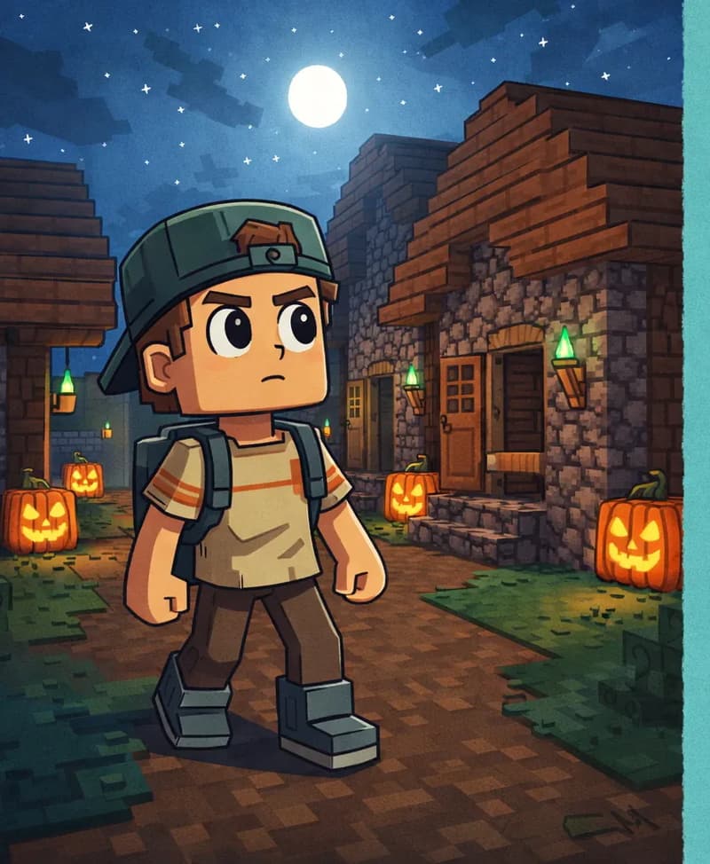 On the left side of the image, Player walks along a dirt path approaching an empty Minecraft-style village at nighttime under a full moon and starry sky. He has a large square head with brown hair peeking out from under a dark teal-green backwards cap, large round dark brown eyes, a beige/tan short-sleeved shirt with faint orange-brown horizontal stripes, gray suspender-style straps over the shoulders attached to a gray backpack, dark brown pants, and dark gray chunky boots. He faces the viewer at a three-quarter angle, looking cautious and uncertain. Ahead of him, wooden and stone houses with closed doors line a quiet street, lit only by glowing jack-o'-lanterns beside the doors and small green lantern lights along the path, casting an eerie atmosphere. The houses appear deserted with no one in sight. The right side of the image is plain teal background.