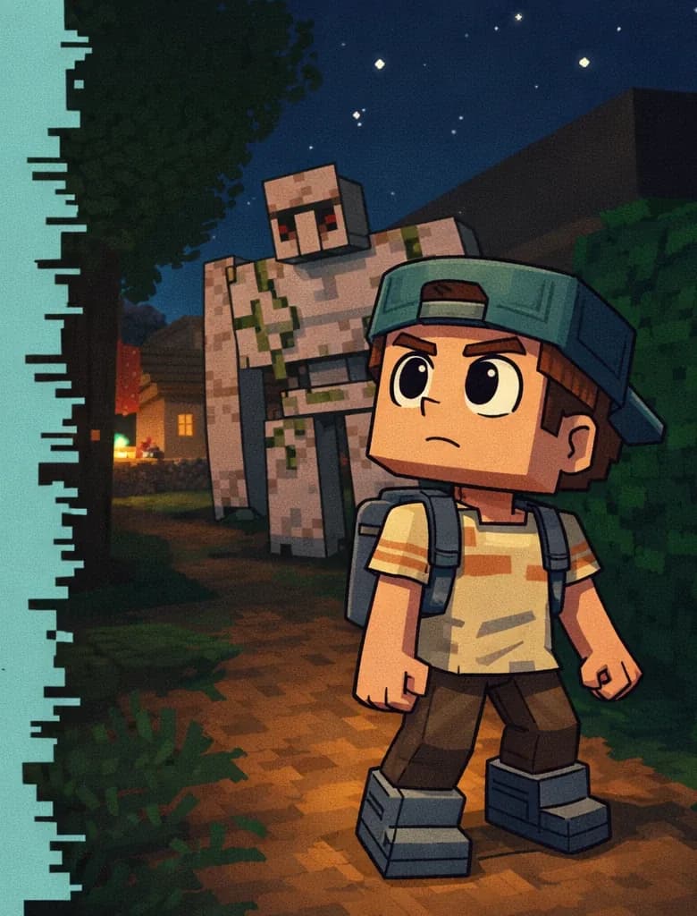 On the right side of the image, Player stands in the foreground at a three-quarter angle, looking up with a wary expression at a large iron golem that looms in the middle of a Minecraft-style village street at nighttime. Player has a large square head with brown hair peeking out from under a dark teal-green backwards cap, large round dark brown eyes, a beige/tan short-sleeved shirt with faint orange-brown horizontal stripes, gray suspender-style straps over the shoulders attached to a gray backpack, dark brown pants, and dark gray chunky boots. The iron golem is tall and blocky, standing still and silent, appearing old and weathered with cracks across its body and green vines creeping up its sides. Behind them, houses with warm glowing lights are visible under a dark starry sky. The left side is plain background reserved for text.