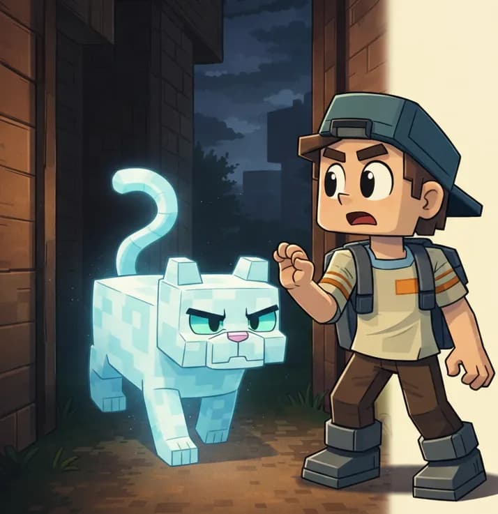 On the left side of the image, Ghost Cat walks between two wooden Minecraft-style houses at night, moving toward the viewer with a slightly translucent, ethereal appearance. Ghost Cat has a compact cube-shaped body and short rectangular legs in light icy blue and white tones with a subtle checkerboard/pixel texture, large angular dark teal eyes with a sharp grumpy expression, a small pink nose, a pronounced frown, small pointed ears atop a flat square head, and a curved S-shaped tail. The walls of the houses behind Ghost Cat are faintly visible through its see-through body. The scene is dark and shadowy, with the narrow gap between house walls framing Ghost Cat and a cloudy night sky visible above. Player stands in the near foreground at a three-quarter angle, facing Ghost Cat with a startled, uneasy expression, one hand raised defensively. He wears his dark teal-green backwards cap, beige/tan striped shirt, gray suspender straps and backpack, dark brown pants, and dark gray chunky boots. The right side of the image is plain background suitable for text overlay.