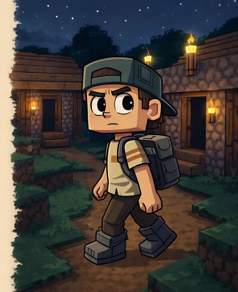 On the right side of the image, Player walks cautiously along a grassy path through a Minecraft-style village at nighttime under a dark, starry sky, peering into the empty huts. He faces the viewer at a three-quarter angle with a puzzled, disappointed expression. He wears his dark teal-green backwards cap, beige/tan striped shirt, gray suspender straps and backpack, dark brown pants, and dark gray chunky boots. Raised wooden houses with stone foundations sit along the path on either side, lit by glowing torches that cast warm orange light. The doors of the huts are open but no one is inside — the street is completely deserted. The left side of the image is plain background for text placement.