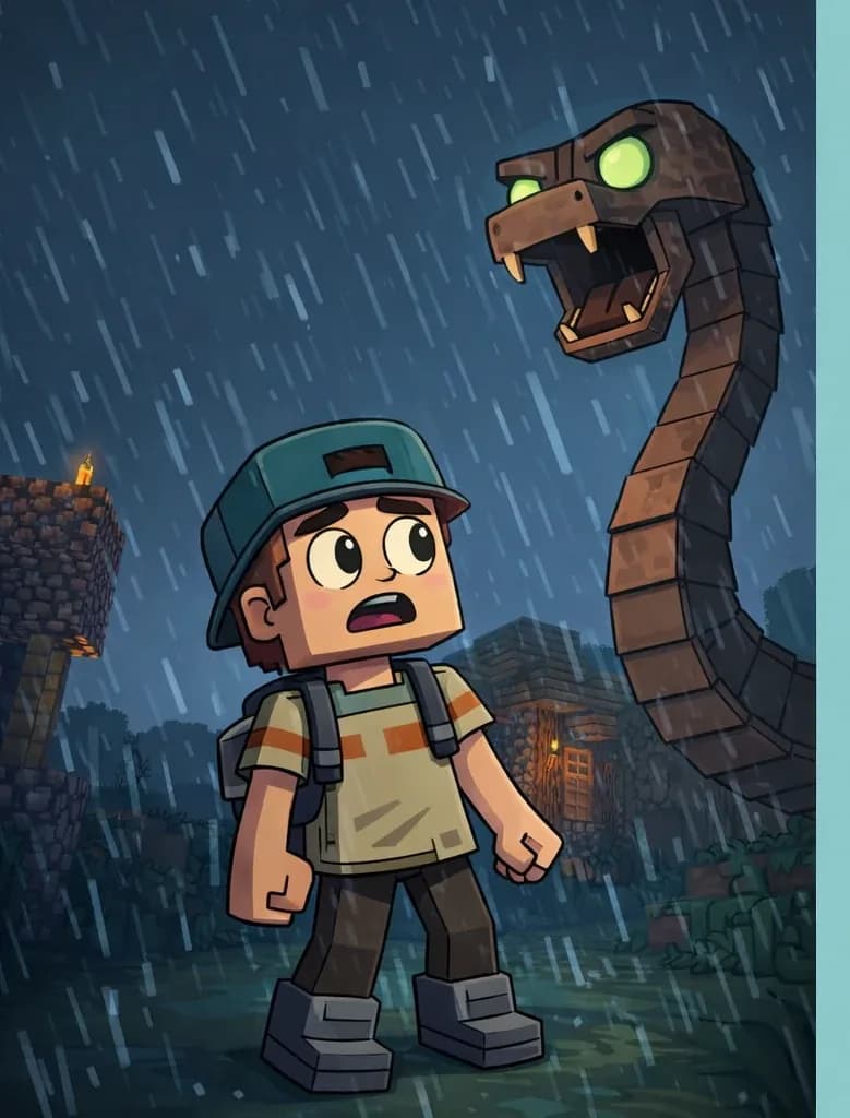 On the left side of the image, Player stands in a dark, rainy nighttime Minecraft-style scene, looking up in fear at a massive serpent creature that towers over him. Player faces the viewer at a three-quarter angle with a frightened expression, his dark teal-green backwards cap, beige/tan striped shirt, gray suspender straps and backpack, dark brown pants, and dark gray chunky boots visible despite the dark atmosphere. The large brown serpent-like creature with glowing green eyes looms above, its long blocky neck rising up from the ground beside a wooden house, dwarfing Player below. Rain streaks fall heavily across the dark blue-gray sky, and a single torch glows faintly on a structure nearby, providing a small point of warm light against the cold, stormy atmosphere. The right side of the image is plain light cyan background.