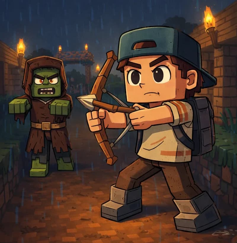 On the right side of the image, Player stands in the foreground at a three-quarter angle, drawing back a bow with an arrow nocked and aimed forward at Zombie Villager. Player has a determined, focused expression, with his dark teal-green backwards cap, beige/tan striped shirt, gray suspender straps and backpack, dark brown pants, and dark gray chunky boots. Torchlight casts dramatic shadows across the scene. Further up the dirt path, Zombie Villager ambles toward Player with menacing glowing red-orange eyes. Zombie Villager has bright green skin, a squared-off head, angular red-orange eyes with heavy brows, a frowning mouth showing white teeth, stocky short proportions with chunky square hands, and wears a tattered dark brown hooded robe with a tan/khaki belt, dark gray-green pants, and brown boots with green pixelated details at the ankles. The scene is set outdoors in a dark, rainy nighttime village lit by glowing torches on wooden posts, with log buildings on either side of the path. The left side of the image is plain light blue background reserved for text.