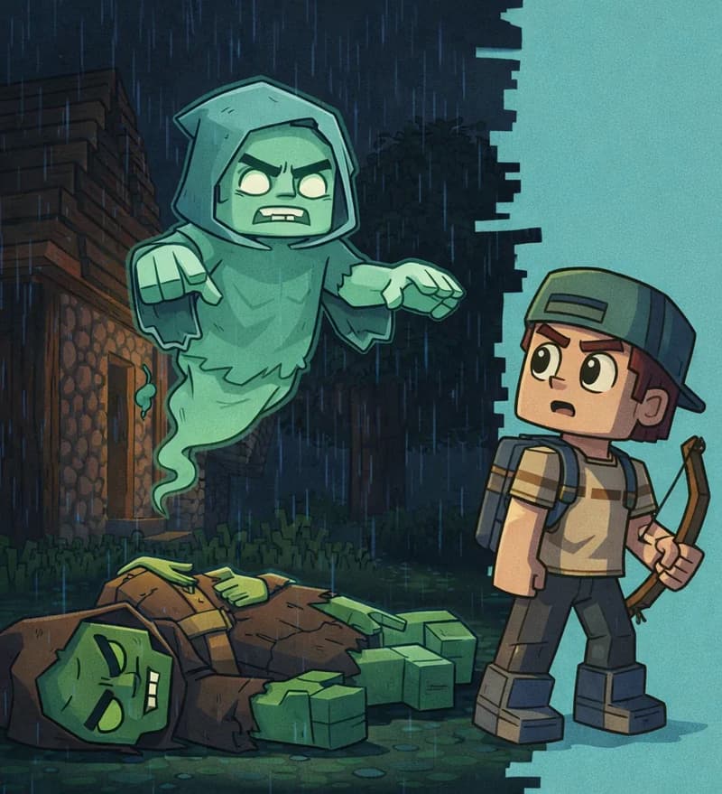 On the left side of the image, a dark, rainy nighttime Minecraft village scene. In the foreground, the defeated Zombie Villager lies on the ground — bright green skin, tattered dark brown hooded robe, now motionless. Rising up from the fallen body is a Ghost Villager, a translucent blocky figure in muted teal/seafoam green with a ghostly wispy tail instead of legs, thick angular dark eyebrows slanted inward in an angry expression, small dark eyes, and a flat frowning mouth. The ghost hovers in the doorway of a wooden and cobblestone hut, its green-tinted eyes still glowing through the rain. Player stands nearby at a three-quarter angle, holding his bow at his side, staring in shock at the risen ghost. He wears his dark teal-green backwards cap, beige/tan striped shirt, gray suspender straps and backpack, dark brown pants, and dark gray chunky boots. Rain streaks fall heavily across the dark sky, with shadowy trees in the background. The right side of the image is plain teal background.