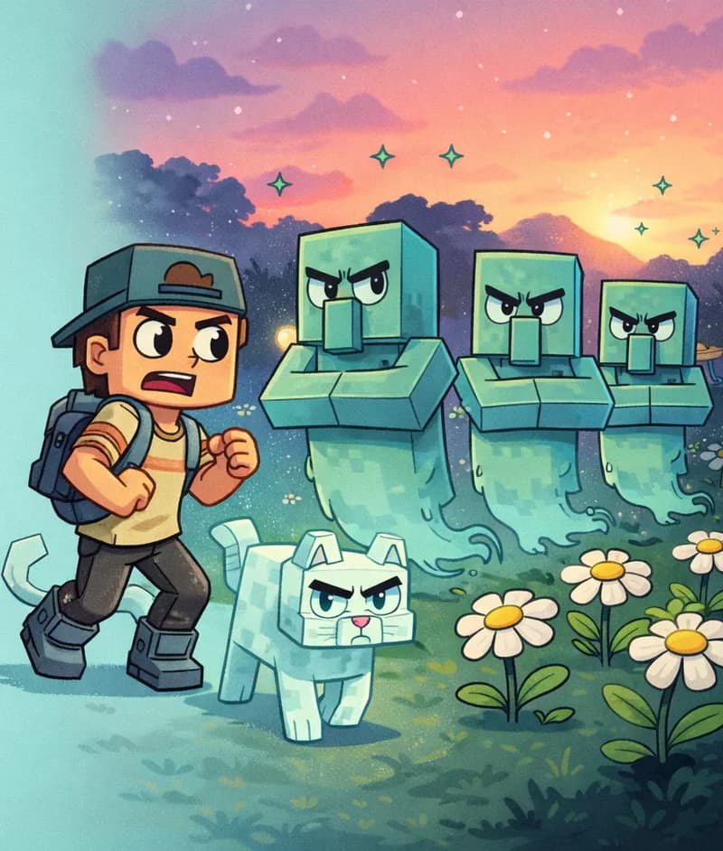 On the right side of the image, a group of Ghost Villagers stand gathered among white daisies with yellow centers. They are translucent, blocky figures in muted teal/seafoam green with ghostly wispy tails instead of legs, thick angular dark eyebrows slanted inward, small dark eyes, flat frowning mouths, and small wing-like protrusions on their backs. Small teal sparkle accents float around them. They stare toward the viewer with stern, unblinking expressions. The sky behind them is a vivid pink and orange sunset with stars beginning to appear above. A glowing lantern shines faintly among dark trees in the background. On the far left, Player backs away from the group at a three-quarter angle, looking alarmed and ready to flee. He wears his dark teal-green backwards cap, beige/tan striped shirt, gray suspender straps and backpack, dark brown pants, and dark gray chunky boots, with his bow slung across his back. Nearby, Ghost Cat sits at Player's feet, translucent and icy blue-white with angular dark teal eyes, a grumpy expression, and its S-shaped tail curled upward. The left side of the image is plain teal background for text placement.