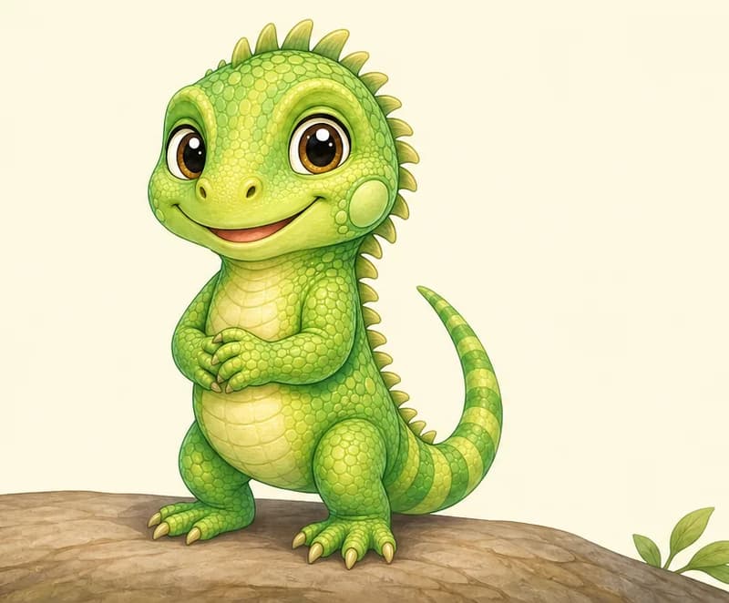 Introduce Irene. A clear, friendly full-body view of her on a simple surface (a low branch or flat rock) so her green colour and the scales on her skin are easy to see. Mood: warm and welcoming — the reader's first look at the main character.