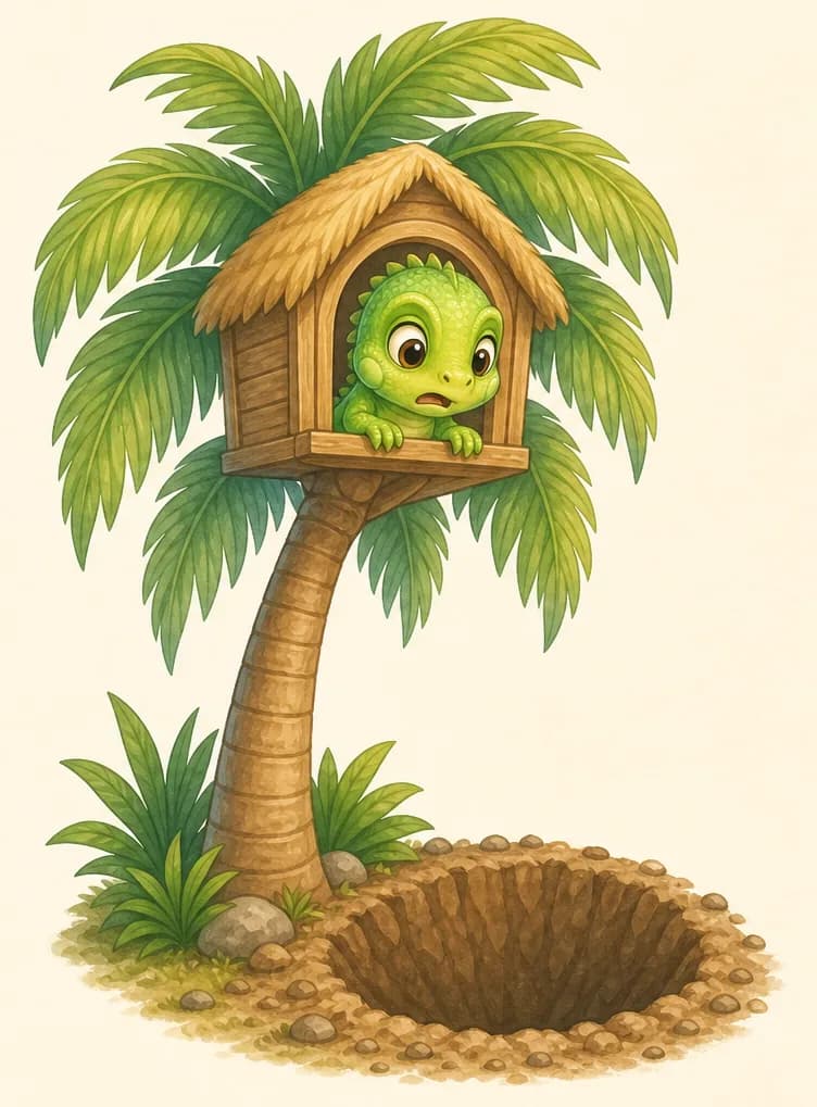 A tall palm tree with a small simple house tucked high in its fronds. Irene peers down from her house with a worried expression. Beside the base of the palm there is a large dirt hole. No man should be present in the image — only the result of the digging (the hole). Mood: worried, concerned.
