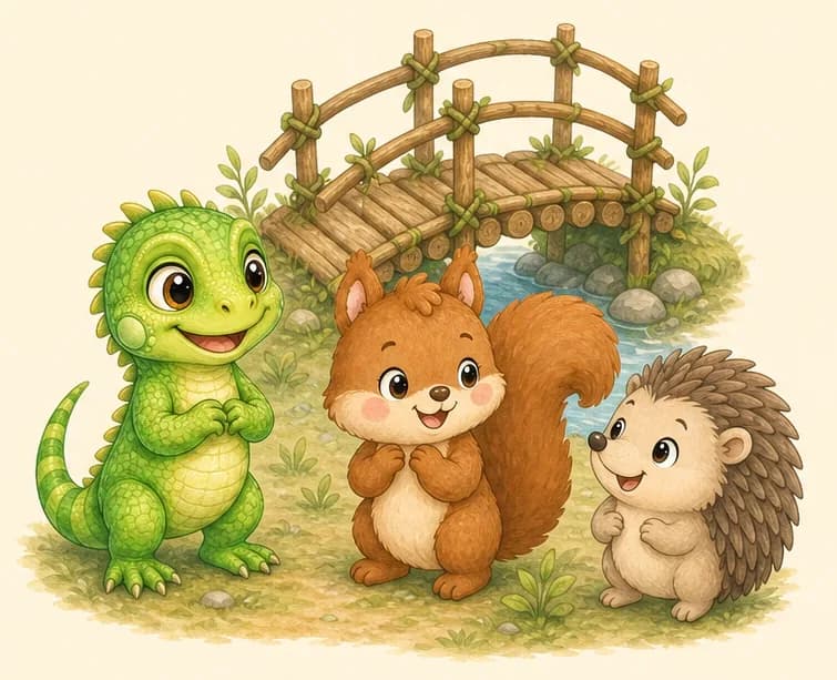 Irene, Adela and Enrique stand together happily near the finished bridge, grouped close. They look proud and content, smiling at one another. The bridge of sticks and branches is clearly visible behind or beside them. Mood: cheerful celebration of teamwork.