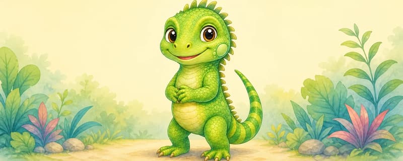 Introduce Irene. Show her in a clear, friendly standing pose so the reader can see her green scaly skin clearly. Soft simple background.