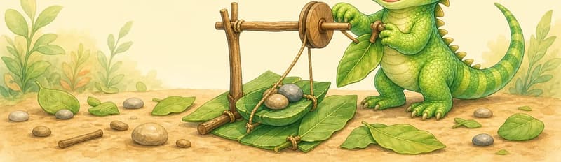 Irene tinkers with a small simple invention — perhaps a tiny pulley, a small gadget made of leaves and a stick, or a toy-like contraption — looking pleased with her work. Soft simple background.