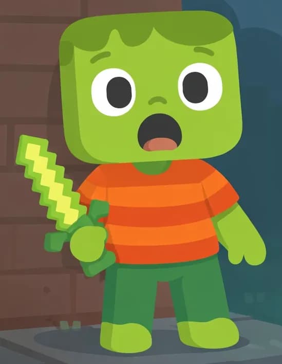 Zom stands on the left side of the image with a surprised, wide-eyed expression, mouth hanging open in shock, as if he has just stepped outside and encountered something unexpected. He is positioned in front of a wooden wall or fence, appearing to have just walked out into his yard. The right ~40% of the image is open teal/dark background with no characters or detail. The scene has a slightly dim, early-morning feel with muted lighting and a blocky, Minecraft-style pixel art aesthetic.