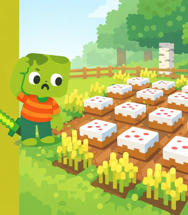 On the right side of the image, a Minecraft-style farm garden is filled with blocks of white cake with red icing on top, placed in neat rows across the dirt between wheat crops as if someone planted them there. The cakes sit in lines across the whole garden like sprouting plants. Zom stands on the left side of the scene, leaning forward with a bewildered, confused expression, scratching his head as he stares at the rows of cake. The scene is set outdoors in bright morning daylight with trees and a fence visible in the background.