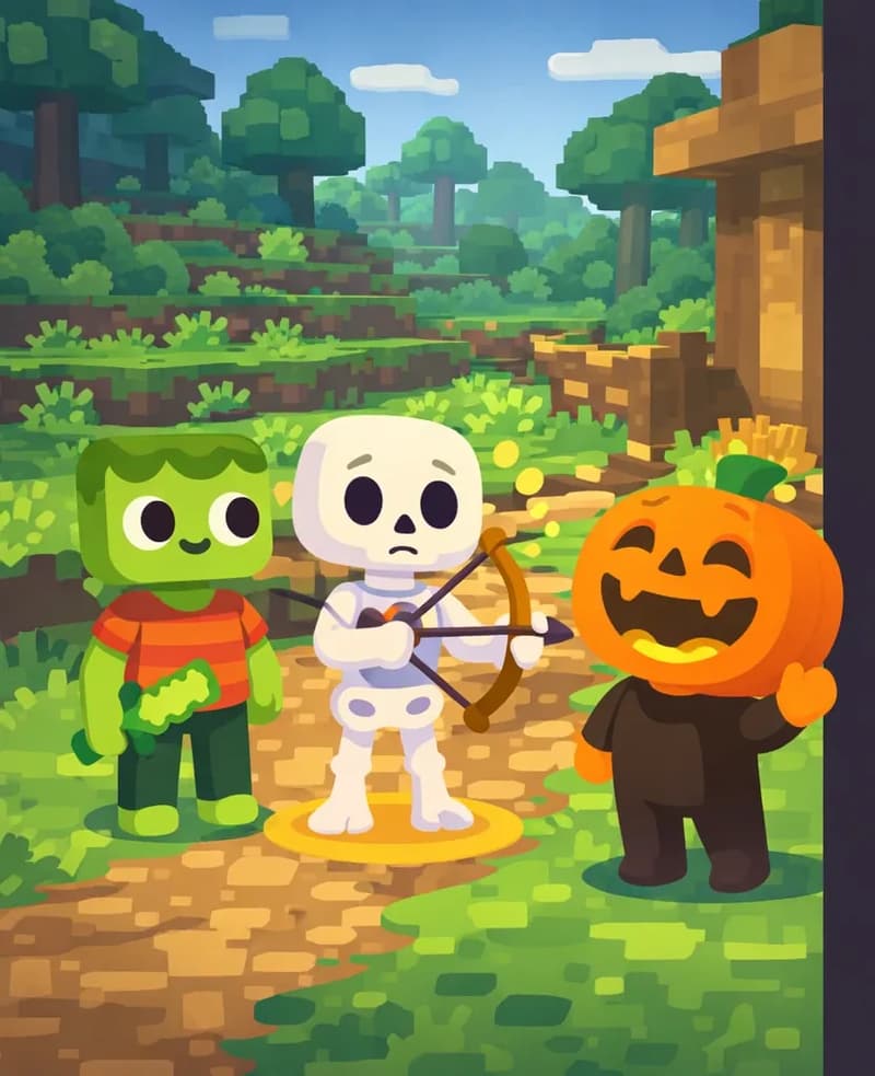 On the left side of the image, Zom, Skel, and Jack stand together in a yard outdoors in bright daylight, rendered in a Minecraft-style blocky aesthetic. Zom stands on the far left with a neutral, slightly suspicious expression, glancing between Skel and Jack. Skel stands in the center with a stiff, upright posture, groaning with a dismayed look as he thinks about the extra work ahead. Jack is to their right, leaning forward with his glowing jack-o'-lantern head tilted back, laughing hard with his wide jagged grin blazing. The yard has green grass, dirt patches, and greenery and trees in the background with a blue sky, and a wooden structure is partially visible to the right. The right ~40% of the image is plain dark background suitable for text overlay.