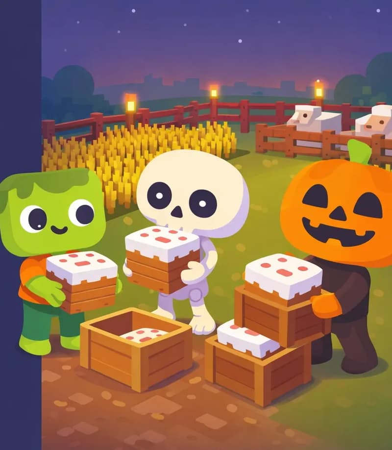 On the right side of the image, a Minecraft-style farm is shown at dusk with warm evening light. Zom, Skel, and Jack work together in the yard, boxing up cake blocks into crates to ship off to town. Zom lifts a cake block into a box, Skel carries a crate with a tired expression, and Jack grins cheerfully as he stacks boxes. Rows of wheat crops and fenced enclosures fill the background, with torches placed around the farm for illumination. Several white sheep are settled in their pens nearby as nightfall approaches. The left ~40% of the image is plain dark background suitable for text overlay.