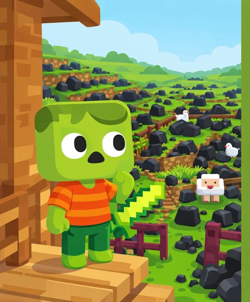 On the left side of the image, Zom stands on the farmhouse porch in a Minecraft-style scene, looking out with a stunned, suspicious expression over the farm spread before him. The fields, crop rows, grass, animal pens, and fence lines are all buried in dark black coal chunks scattered everywhere. The morning light illuminates the green landscape now littered with coal blocks stretching into the distance. A few chickens and sheep are visible in the farm pens among the coal. The right ~40% of the image is plain green background suitable for text overlay.
