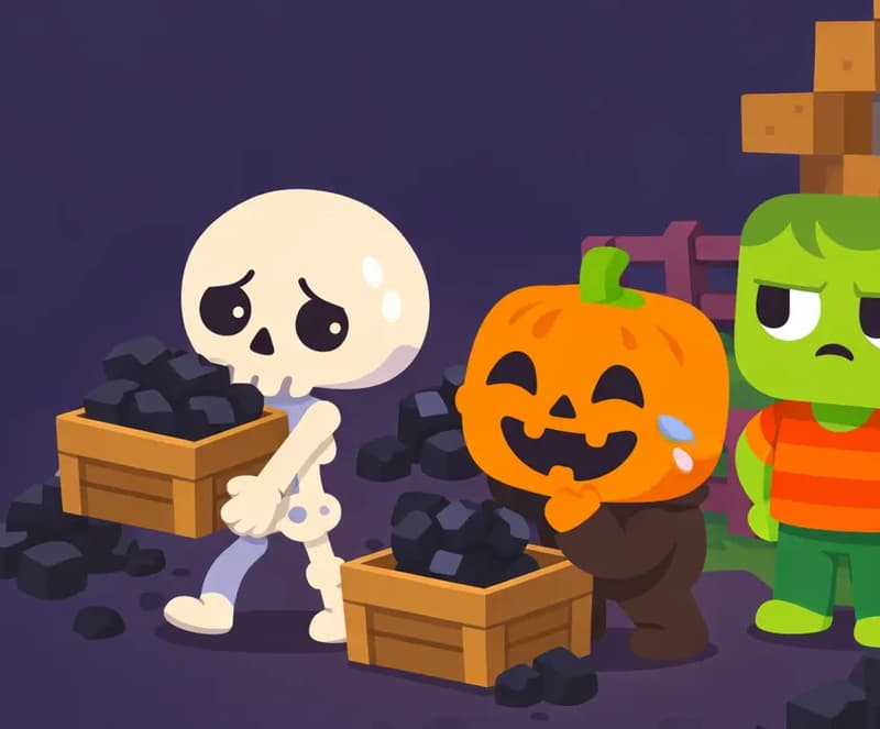On the right side of the image, Zom, Skel, and Jack work in the yard packing coal into boxes in a Minecraft-style daytime scene. Zom stands near a fence on the far right, glancing sideways at Jack with a narrow, suspicious expression. Skel carries a crate of coal with a weary posture. Jack is in the middle, doubled over and crying with laughter, his glowing jack-o'-lantern face lit up with glee, barely able to help with the work. Piles of dark coal blocks surround them on the ground, and a wooden farmhouse with a glowing lantern is visible in the background. The left ~40% of the image is plain dark background suitable for text overlay.