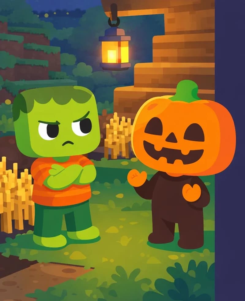 On the left side of the image, Zom and Jack face each other by a wheat patch in the evening light. Zom stands with his arms crossed and a stern, unimpressed expression, staring Jack down. Jack stands opposite him with his hands slightly raised in an innocent gesture, his carved jack-o'-lantern grin looking both sincere and mischievous at the same time. A glowing lantern hangs from a nearby wooden structure, casting warm light over both characters in the dusk setting. The background includes grassy hillside terrain and a wooden porch or steps. The right ~40% of the image is plain dark blue background suitable for text overlay.
