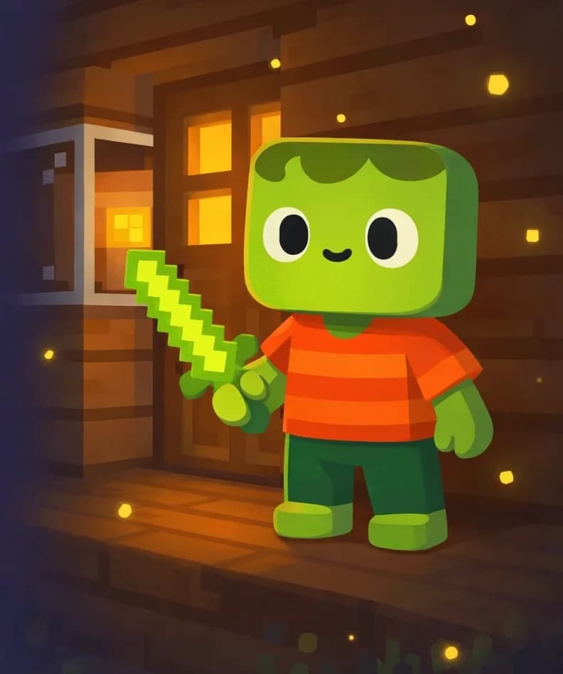 On the right side of the image, Zom stands guard outside a wooden door at nighttime, positioned with a determined, watchful stance as he peers toward the entrance. The scene is set on the porch or exterior of a wooden house with block-style Minecraft architecture, dimly lit with fireflies dancing and floating in the dark night air. A window with a warm glow is visible on the house wall, suggesting Jack is inside. The atmosphere is quiet and still.