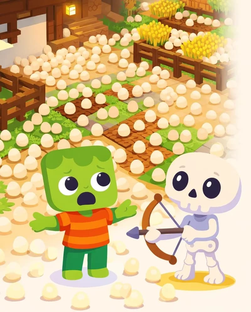 On the left side of the image, a Minecraft-style farm scene at sunrise shows the yard completely covered in pale eggs. Eggs sit under every fence, fill every garden bed, and cover the surface of every path, as if produced out of thin air. Zom stands in the foreground with an exasperated, defeated expression, arms spread in disbelief as he gestures at the mess. Skel stands beside him with a concerned posture, listening as Zom explains. Patchwork garden beds of dirt, grass, and crops are visible, along with wooden fences and a wooden farmhouse in the background. The right ~40% of the image is plain background suitable for text overlay.