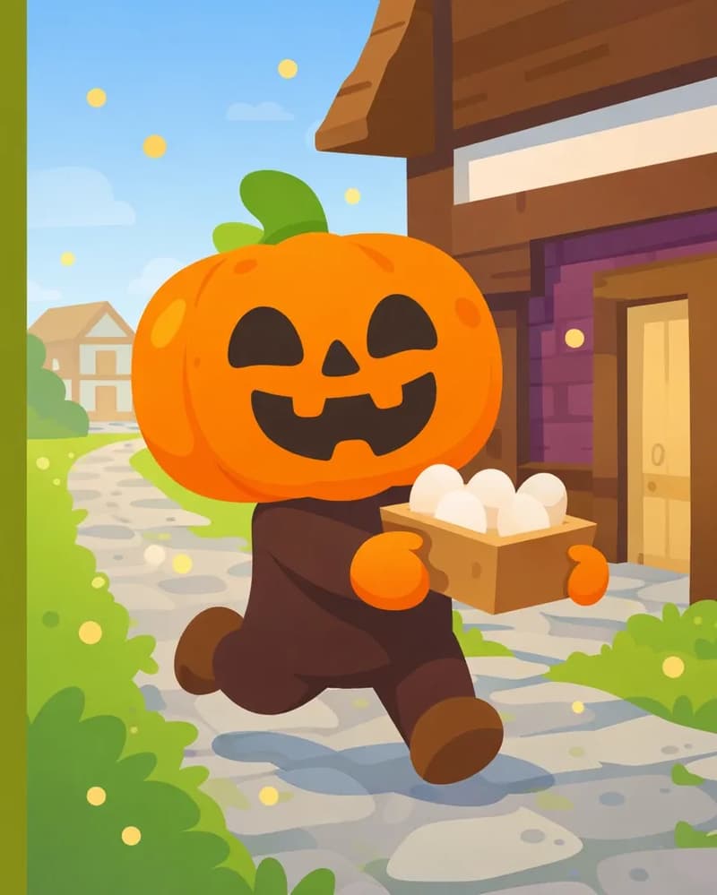 On the right side of the image, Jack races along a stone path away from a wooden-framed building, carrying a box of eggs with a huge excited grin on his glowing jack-o'-lantern face. His body is angled forward in a running pose, practically bouncing with energy. The scene is set outdoors during bright daytime with green grass, scattered golden particles drifting through the air, and the stone walkway stretching toward a village in the background. The left ~40% of the image is open plain background suitable for text overlay.