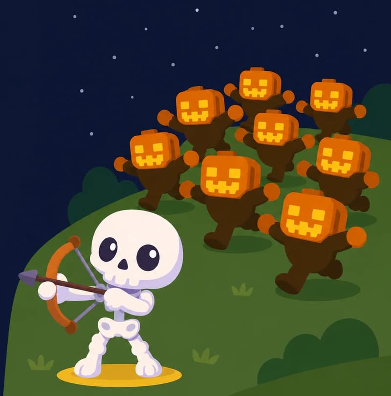 On the right side of the image, a group of about seven Jack lookalikes storm over a grassy hill at nighttime, their glowing orange jack-o'-lantern heads blazing with mischievous, wide jagged grins as they charge forward with arms spread wide. They all have the same dark brown body suits and orange mitten-like hands as the original Jack. In the lower-left foreground, Skel braces himself in a defensive stance, bow drawn with an arrow nocked, facing the oncoming horde of Jacks with a tense posture. The dark night sky and rolling green farmland set an eerie scene. The left side has dark background suitable for text overlay - this is a 50% negative space.