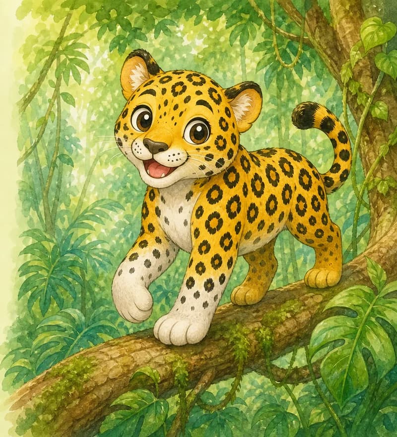 Introduce Jorge. Show him walking along a sturdy tree branch in a lush rainforest, his bright yellow coat with black rosettes clearly visible, small pointy ears alert, strong legs in motion (front white, back darker). Mood: confident jungle introduction.