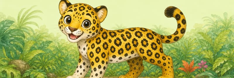A clear, illustrative pose of Jorge that focuses on his distinguishing markings: he sits or stands in profile so the rosettes pattern across his bright yellow coat is fully visible, with his small, pointy ears clearly shown. Setting: a calm jungle clearing. Mood: gentle reference-style look at Jorge's features.