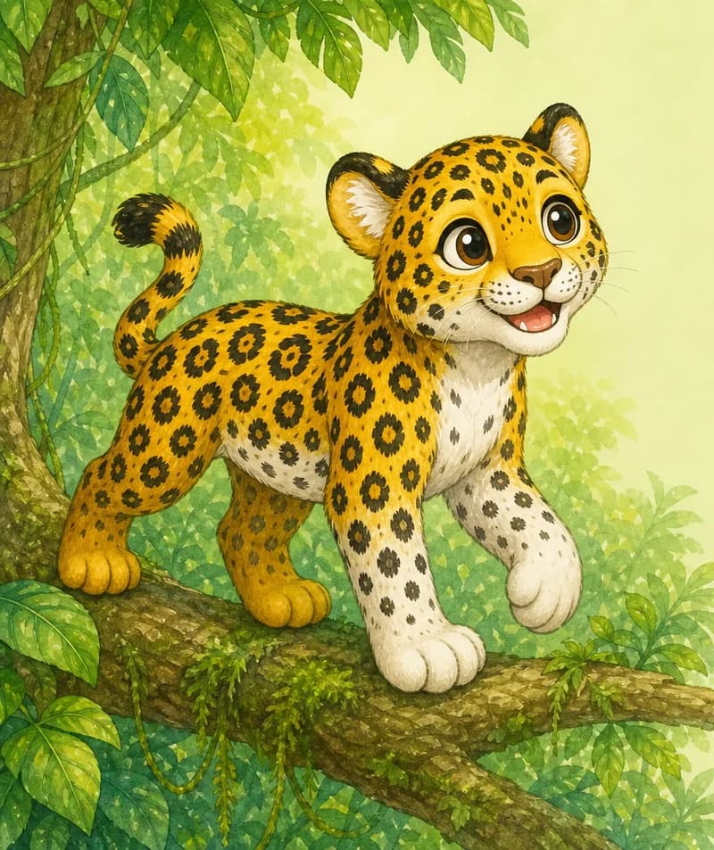 Jorge mid-stride or mid-climb on a low tree branch so his strong legs are clearly visible — front white legs and darker back legs distinctly shown. His expression is calm and a little reflective (a gentle nod to his rescue). Setting: edge of the park forest, no circus imagery needed. Mood: strong but quietly reflective.