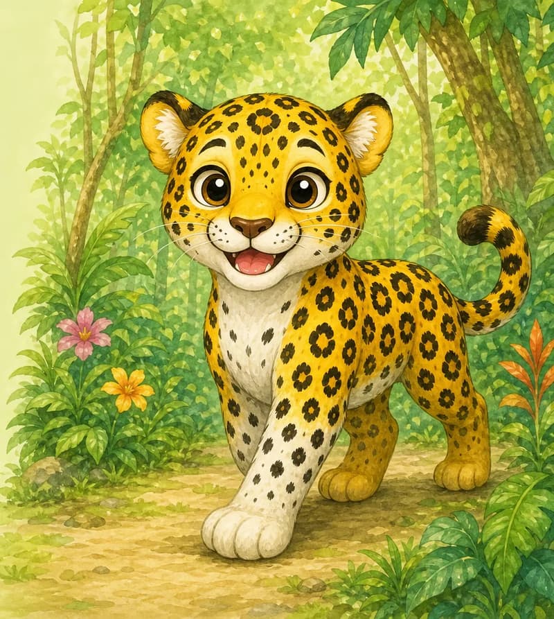 Jorge walks happily through the safe park forest, head held high, tail relaxed, healthy and well-fed. His expression is warm and content — no fear. Setting: friendly park forest. Mood: happy, safe, healed.