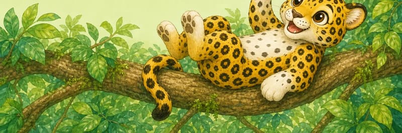 Jorge plays happily on a sturdy branch of his favourite tree — perhaps batting at a hanging leaf or rolling onto his back to swat at a dangling vine. His expression is playful and child-like. Setting: a leafy tree. Mood: joyful play.
