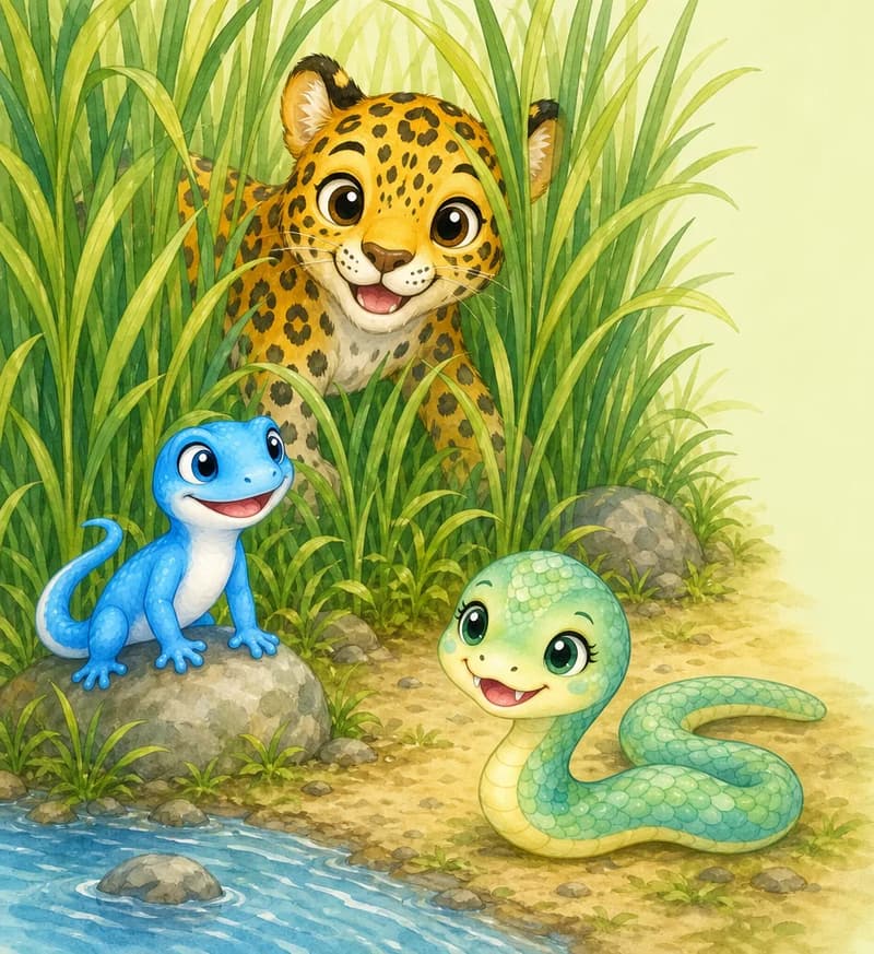 Jorge crouches among tall green reeds near a river, trying to hide — but his bright yellow coat and black rosettes are clearly visible through the reeds (the joke of the page). Luisa the blue lizard perches on a low rock and Sara the snake glides on the ground nearby, both looking around playfully as if searching. Mood: cheerful hide-and-seek.