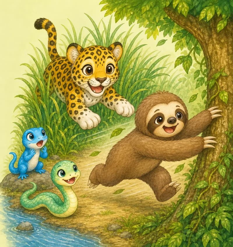 Jorge has just leapt out from the tall reeds in a playful pose. Octavio the sloth dashes uncharacteristically fast toward a tree, arms outstretched, legs flying — clearly racing for safety. Luisa the blue lizard and Sara the snake watch with wide-eyed astonished delight. Mood: joyful surprise — the silly highlight of the story.