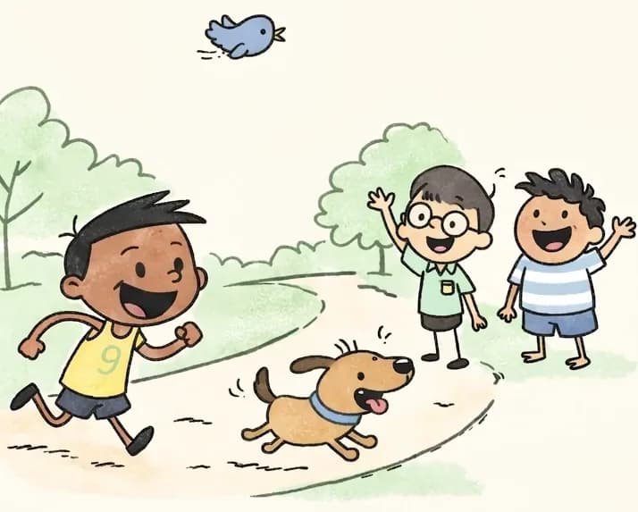 On the left side of the image, Jim is running forward with a big grin, arms pumping, on a dirt path through a sunny suburban park with lush green trees. Jim's pup runs eagerly ahead of him along the path, tongue out and excited. Further up the path, Jim's pal stands waving with one arm raised, smiling broadly, while Len stands next to him also waving and smiling. A small blue bird flies in the upper-left sky. The right ~40% of the image is plain light-green textured background, clear for text overlay.