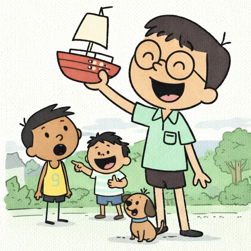 On the right side of the image, Len is shown large in the foreground, standing proudly with his eyes closed and mouth open in a big, joyful grin, holding up a shiny red toy sailboat in his left hand. Below and behind him in the background, Jim stands looking up at the boat with a surprised, envious open-mouthed expression, while Jim's pal stands beside him laughing and pointing. Jim's pup sits on the ground nearby, looking up at the scene. The setting is an outdoor suburban neighborhood on a bright, sunny day with green trees and gentle hills in the background. The left ~40% of the image is plain light-green textured background suitable for text overlay.