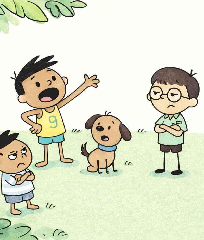 On the left side of the image, viewed from a slightly elevated angle on a grassy backyard, Jim stands at the upper left with his mouth wide open and one arm extended, gesturing enthusiastically as he brags. Len faces Jim from the right of the group with a skeptical, unimpressed expression and arms crossed. Jim's pal stands at the lower left, squinting up at Jim with a suspicious, doubtful look. Jim's pup sits in the center of the group, looking alert and animated. The right ~40% of the image is plain light-green background. Leafy green foliage frames the top and bottom edges of the scene.